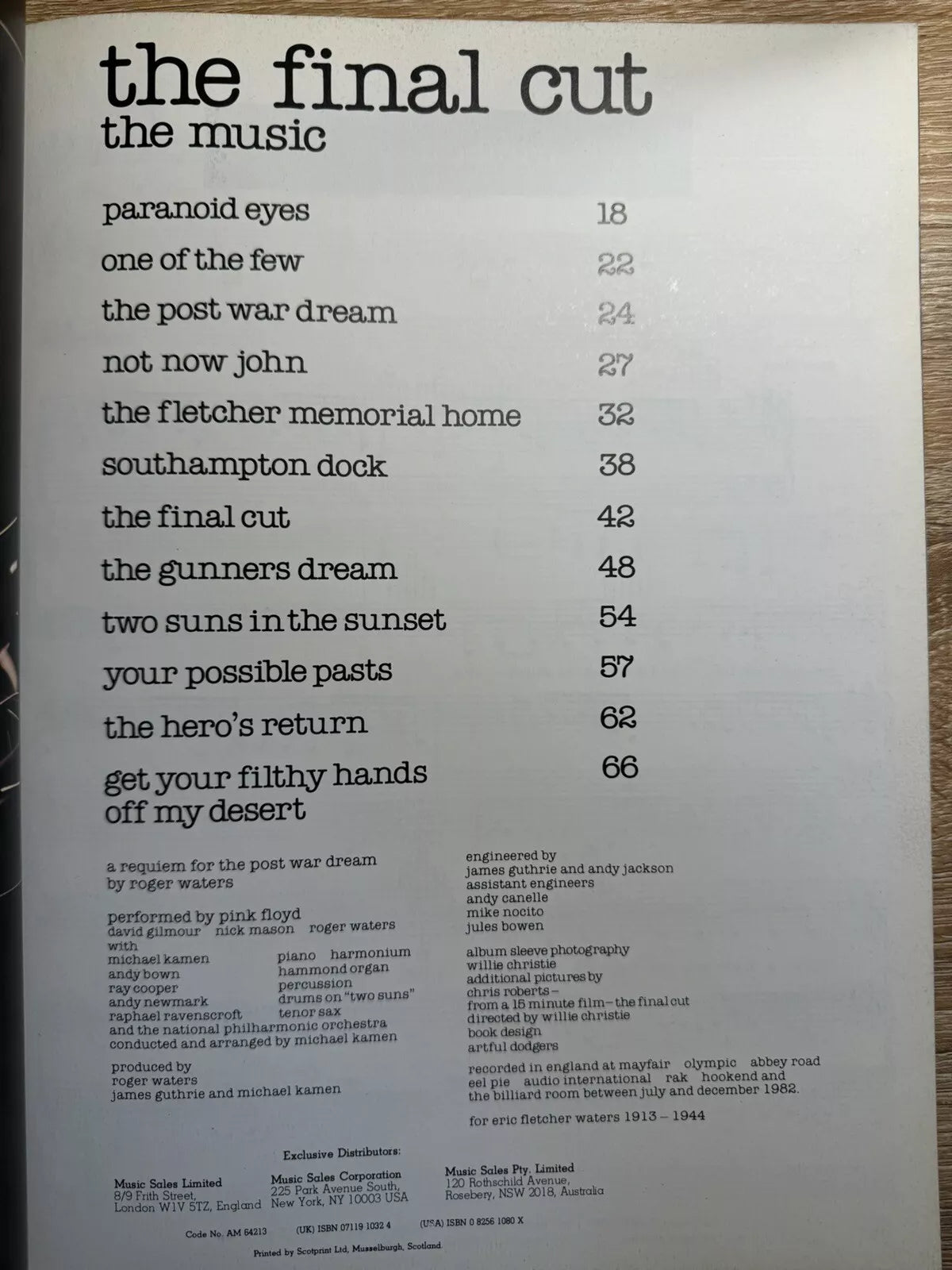 Pink Floyd, The Final Cut, Songbook, London